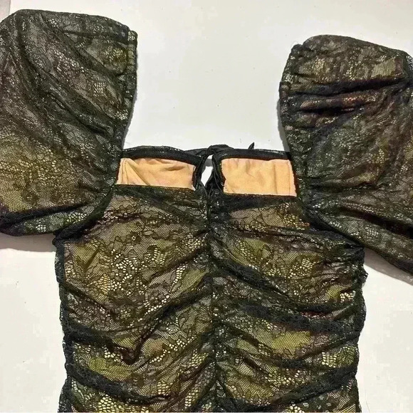 MAJORELLE MARIJA x Revolve Oversized Puff Sleeve Lace Mini Dress Black Nude XS - Picture 7 of 16